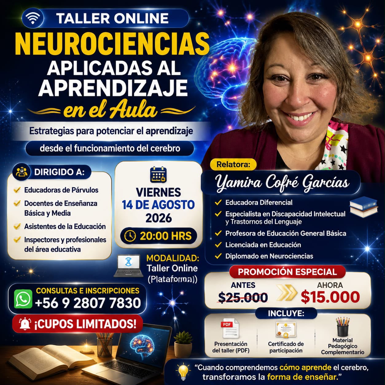 Afiche del taller online Neurociencias aplicadas al aprendizaje en el aula